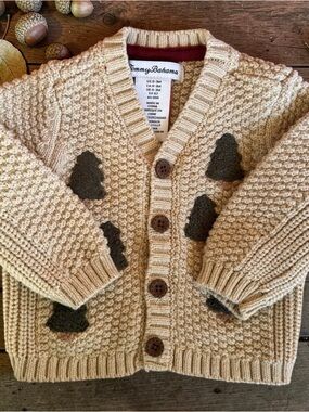 Tommy Bahama Kids Cream Knit Cardigan with Green Pine Tree Patches Unisex 0-3M